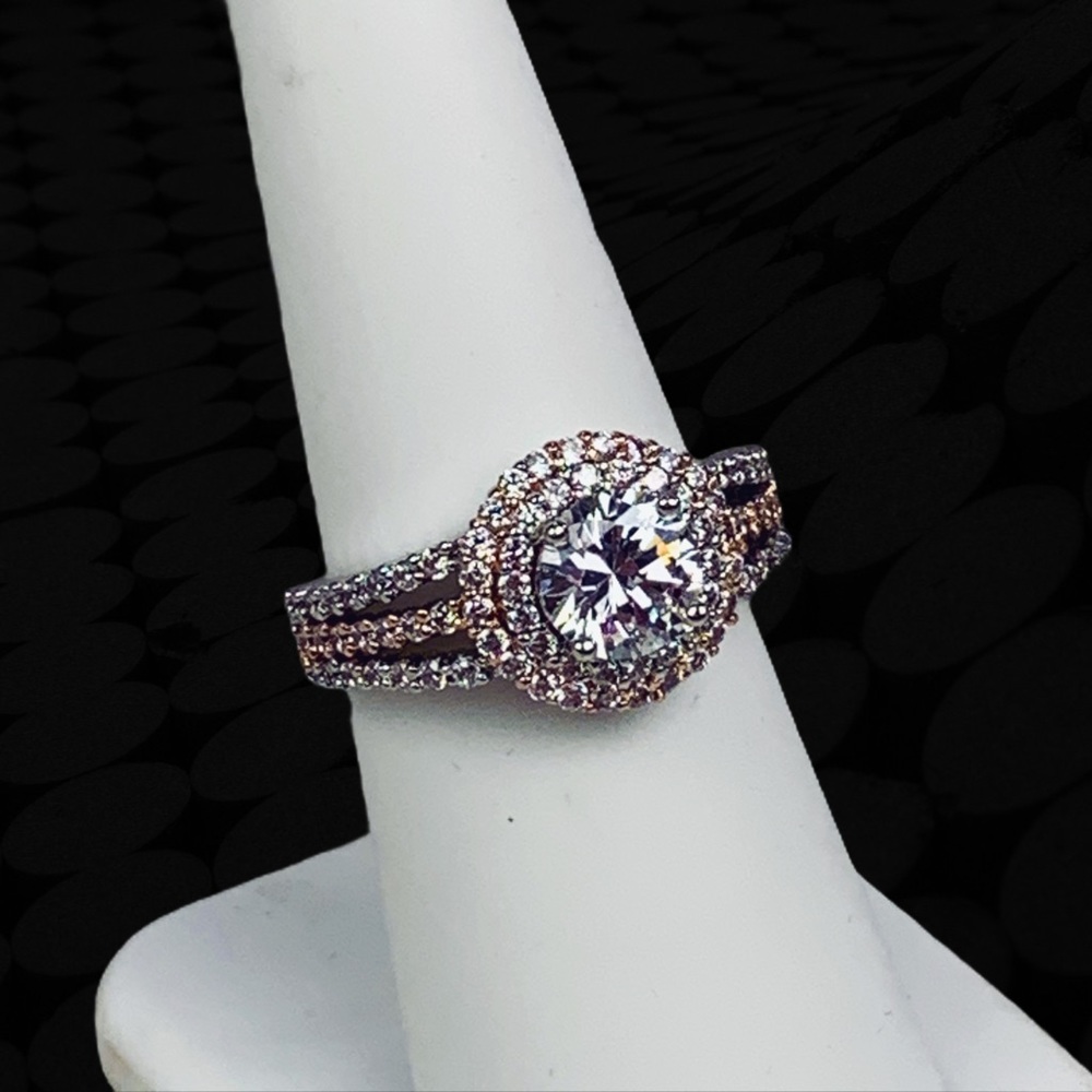 Two Tone Rose Gold Silver Double Halo Round Split Shank Pavé Engagement Ring 7 - Picture 4 of 17